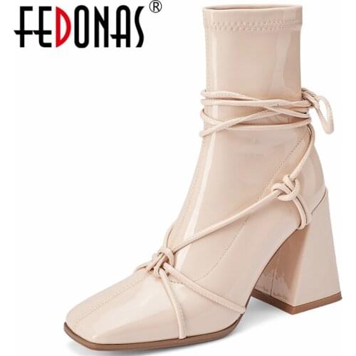 FEDONAS Fashion Narrow Band Women Ankle Boots Patent Leather Stretch Boots Square Toe High Heels Shoes Woman Autumn Winter Party
