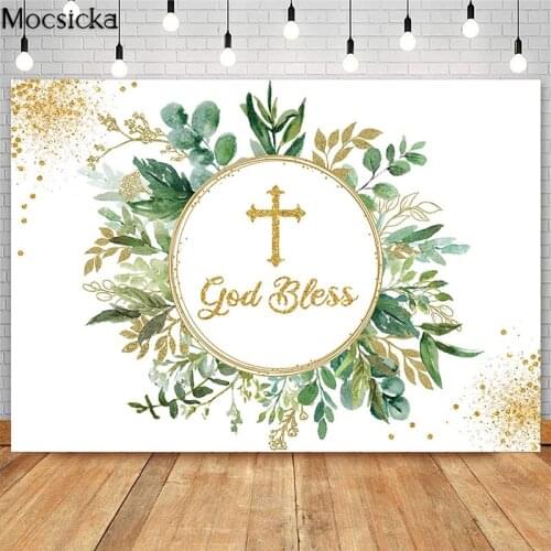 First Communion Backdrop Baptism Green Leaf Birthday Gold God Bless Photography Background Baby Shower Cake Dessert Table Banner