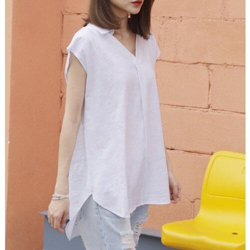 Cotton 100% White Women T-Shirts Summer New 2021 V-Neck Loose Oversized Casual All Match Female Outwear Tops