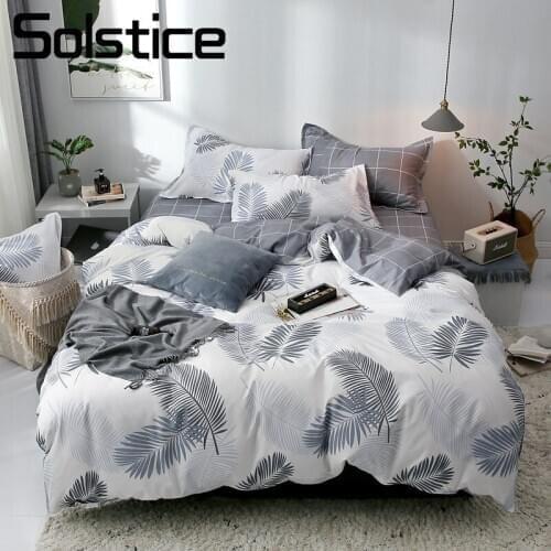 Solstice Home Textile Brief Bedding Linens Set White Gray Plaid Leaf Duvet Cover Pillowcase Flat Bed Sheet For Teen Adult 3-4Pcs