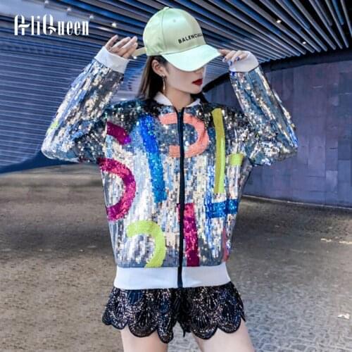 Korean Fashion Women Loose Letters Print Sequins Coats Short Jacket Spring Autumn Female Casual Crop Coats Outerwear Streetwear