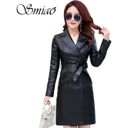 2018 Autumn Winter Leather Jacket Women Big Size Double Breasted Leather Coat Women Long Trench Coat Belt Plus Size 6XL