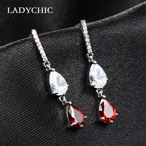LADYCHIC Silver Color Water Drop Red Yellow Cubic Zirconia Dangle Earrings Luxury Crystal Women Bridal Wedding Jewelry LE1332