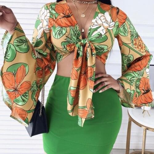 Printed Summer Womens Dress suit Sexy Green Two Piece Skirt Sets V Neck Short Crop Top Short Skirt Long Sleeves Outfits Holiday