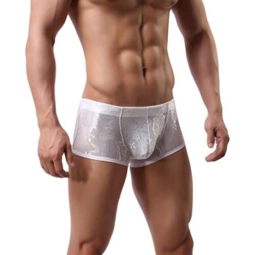 Men Boxer Lace Printing Sexy Sheer See Through Sissy Panites U Convex Pouch Underwear Shaper Lingerie Breathable Pantes Boxer