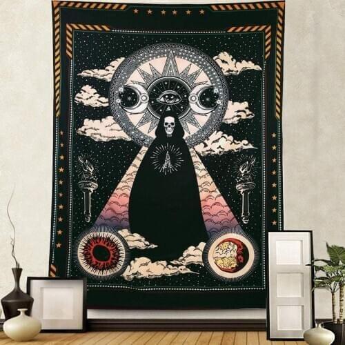 Skull Wall Hanging Sun and Moon Stars and Cloud black Chakra Tapestry