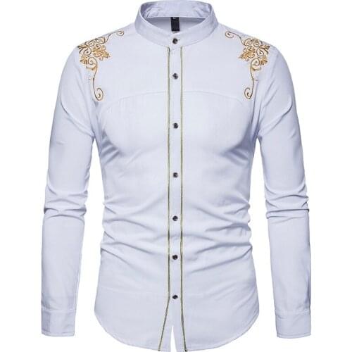 2021 New Autumn Embroidery Mens Stand Neck Shirts Mens Smart Business Casual Long-Sleeved Shirts Plus Size Shirt