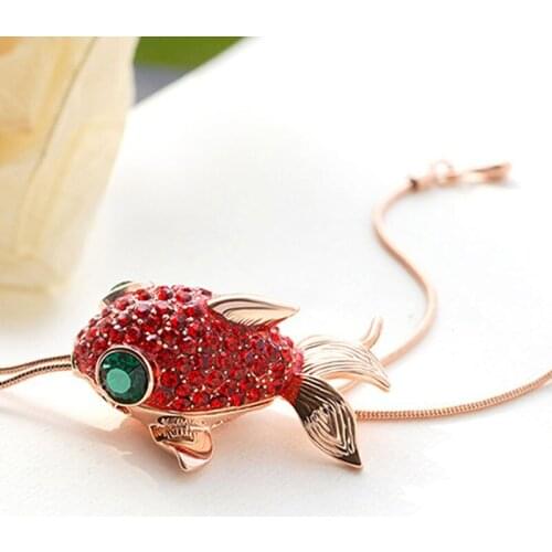 New Cute Full Crystal Fish Pendant Necklace Gold Color Link Chain Fashion Punk Hiphop Women Jewelry Lady