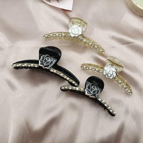 New Crystal Rose Hair Claw Hairpin For Women Handmade Pearl Chain Full Rhinestone Camellia Hair Accessories Hair Grips Wholesale