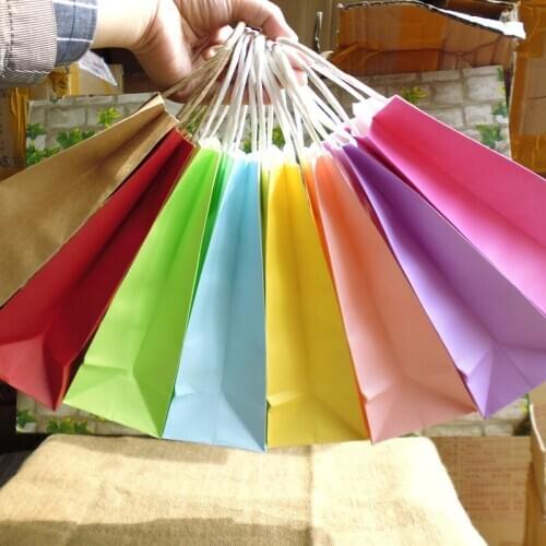 10Pcs/Lot Festival Gift Kraft Paper Bag Shopping Bags DIY Multifunction Candy Color Paper Bag With Handle 21x13x8cm