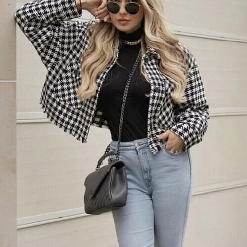 PUWD Vintage Woman Loose Houndstooth Short Coats Spring Autumn Fashion Ladies Soft Plaid Outerwear Female Chic Oversized Jackets