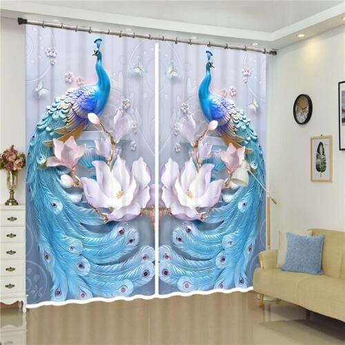 Blue beautiful peacock photo 3D print Smooth drape Curtains Blackout window Curtains Custom sizs