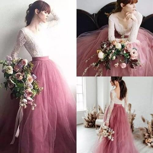 Boho Dusty Pink Wedding Dresses A Line O-Neck Lace Beach Sweep Train Elegant Romantic Long Sleeves Bridal Gowns Custom Made 2021