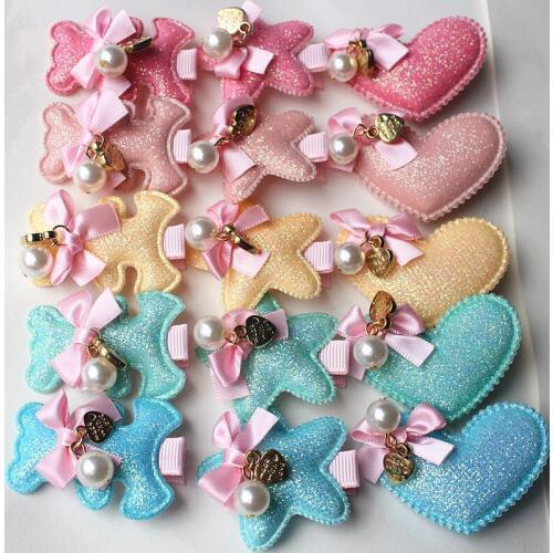 60pcs/lot Lovely Bears Glitter Felt Love Heart Hair Clips Cute Shinning Stars Featured Hairpins with Apple Charms Kids Hair Clip