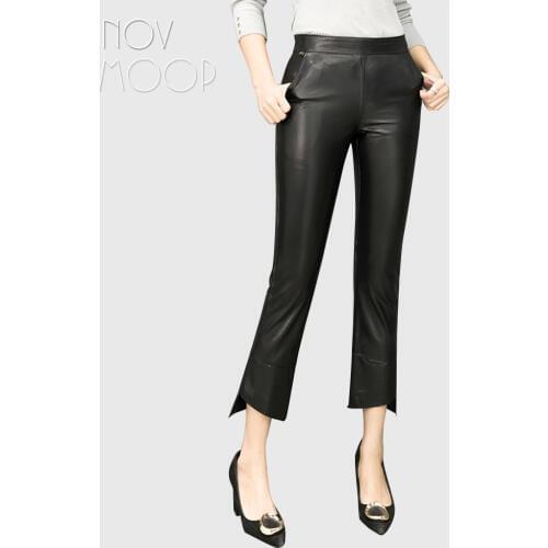 Women black genuine leather real lambskin flare pants trousers cropped above ankles skinny pantalon femme plus size LT2372