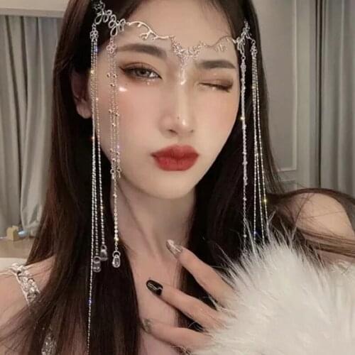 Women Waterdrop Crystal Retro Head Chain Rhinestone Long Tassels Pendant Headpiece Jewelry Boho Forehead Headband