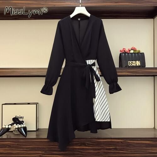 L-5XL Plus Size Women Elegant Warp Dress Spring 2021 Korean Fashion Sexy V-neck Long Sleeve Patchwork Striped Asymmetric Dresses