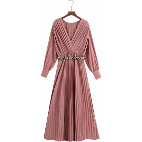 Autumn Womens New Style Long-sleeved V-neck With Belt Pleated Solid Color Striped A-line Dress
