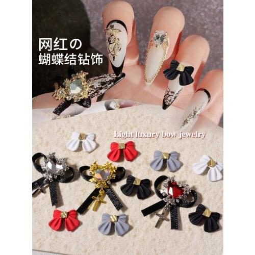 10Pcs Bow-knot Heart Crystal Nail charm Japanese White /Black Bow knot Nail Decoration Rhinestone +Alloy Heart With Black-Bow,Ju