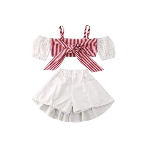 2020 Fashion Toddler Baby Girls Clothes Sets Bow Plaid Print Off Shoulder T Shirts Tops+Ruffles Shorts Party Outfits