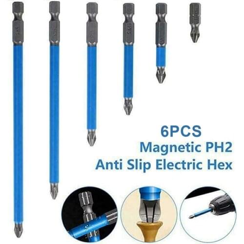 6pcs Anti-Slip Drill Bit 1/4" Hex Shank Magnetic PH2 Electric Screwdriver Bits Fits Hand Electric Drill Driver