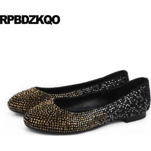 Women bow ballerina luxury suede large size diamond crystal wedding ballet shoes bowtie gold rhinestone flats genuine leather