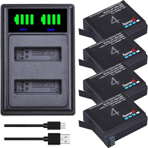 AsperX 4Pcs AHDBT-401 for Gopro Batteries + LED USB Dual Charger with Type C Port for GoPro 4 HD Hero 4 Sports Action Camera