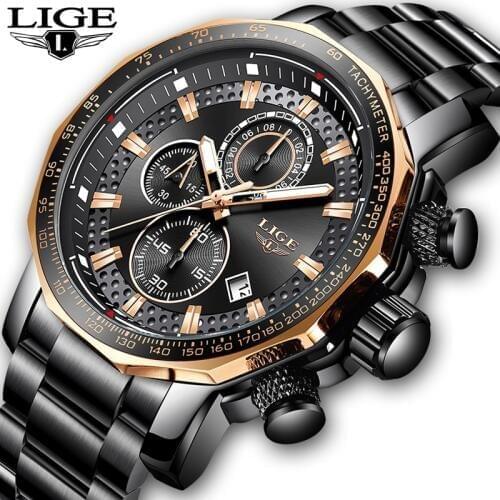 LIGE Watches Men Luxury Chronograph Stainless Steel Large Dial Quartz Men Watch Casual Sport Waterproof Watch Relogio Masculino
