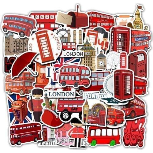 50Pcs England Landmark British London Bus Stickers Telephone Decorative Laptop Scrapbook Luggage Refrigerator Graffiti Sticker