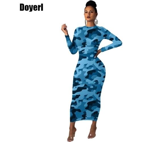 Vintage Print Long Bodycon Dress Women Autumn Elegant Dress Long Sleeve Camouflage Slim Casual Sheath Party Club Dress Vestidos