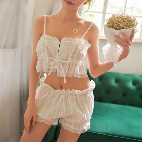 Girls Lace Print Pajama Sets Pattern Women Pajamas Strap Sleeveless Sexy Sleepwear Set Female Summer Night Wear Home Suit