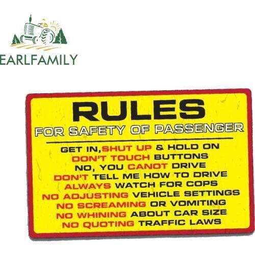EARLFAMILY 13cm x 9.5cm RULES SAFETY Sticker Decal Funny Car Truck 4X4 Offroad 4WD Dirt JDM Race Waterproof Car Stickers