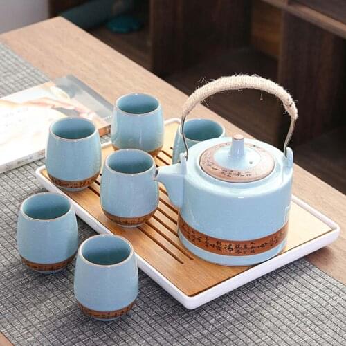 Ge kiln handle pot tea set set household simple ceramic large capacity tea maker Chinese set tea cup teapot