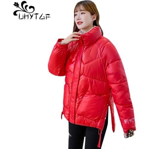 UHYTGF Glossy down jacket warm winter coat parker women solid color wild casual short cotton jackets loose plus size coats 1781