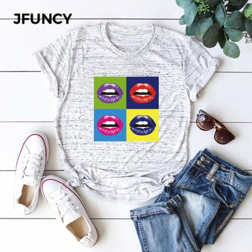JFUNCY Sexy Lips Print Summer Women Tshirt Female Short Sleeve Harajuku Shirt Femme Office Mom Tops Plus Size Graphic Tees