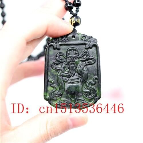 Chinese Black Green Jade God of Wealth Pendant Natural Hand Carving Necklace Fashion Amulet Luck Gifts Men Sweater Chain