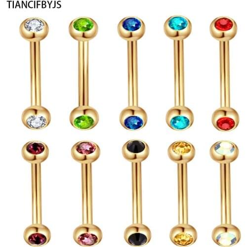 TIANCIFBYJS 100pcs Mix 10 Colors Stainless Steel Eyebrow Piercing Rings Curved Barbell Banana Crystal Pircing Body Jewelry Women