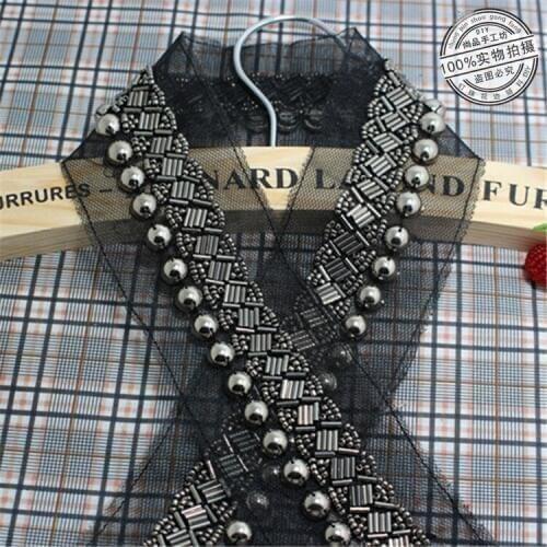 1Yard Handmade Retro Grey Beads Lace Rhinestone Black Mesh Ribbon Appliques Sewing Accessories Crafts For Clothes Wedding Dress