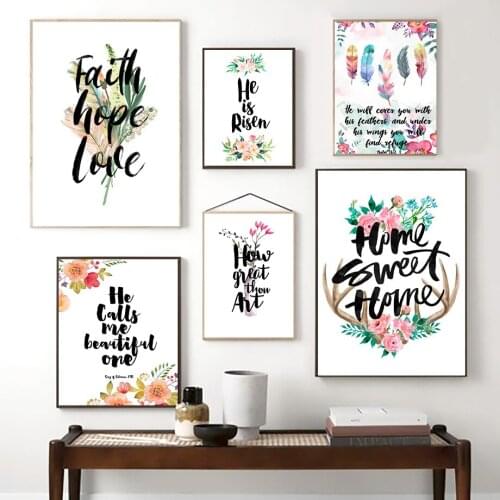 Faith Hope Love Quote Bible Verse Wall Art Posters and Prints Nordic Style Feather Wall Picture for Living Room Christian Decor