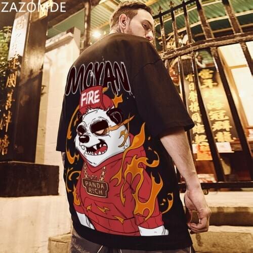 ZAZOMDE 2021 New Fashion China Wind panda tide brand large short sleeve t-shirt mens loose trend mens wear Short sleeve black