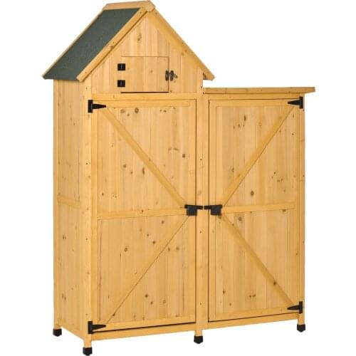 Outsunny wooden garden booth with 2 doors 138x54,5x175 cm storage shed asphalt roof shelves hooks