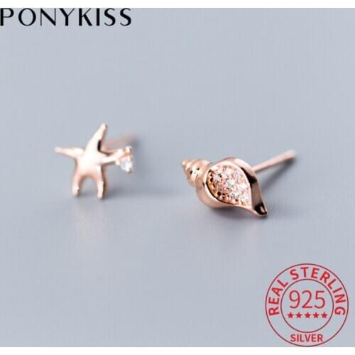 PONYKISS 100% 925 Sterling Silver Conch Asymmetric Starfish Zircon Stud Earrings Women Party Delicate Accessory Girl Lovely Gift