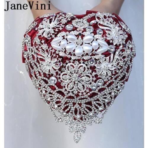 JaneVini Luxury Crystal Heart-shaped Wedding Bouquet Satin Rose Articielle Silver Rhinestones Diamond Pearl Bridal Bouquets 2019