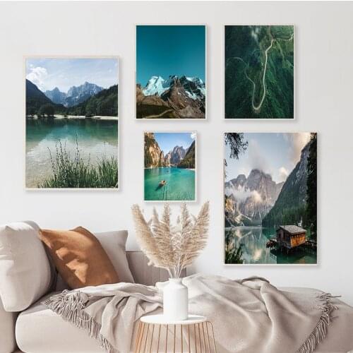 Scandinavian Nature Landscape Wall Art Poster Mountain Lake Boat Prints Nordic Painting Decorative Picture Modern Home Decor
