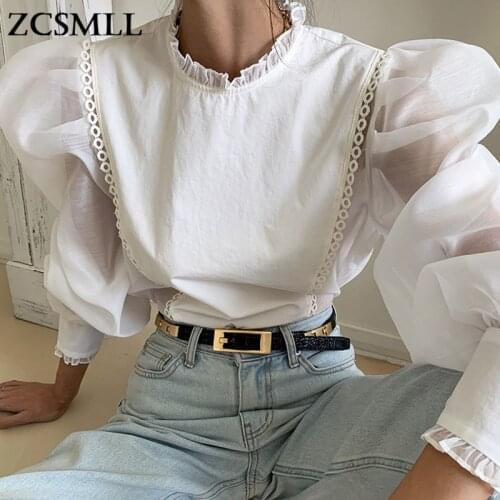ZCSMLL Korean chic temperament stand collar lace tops design micro-permeable organza stitching puff sleeve shirt women