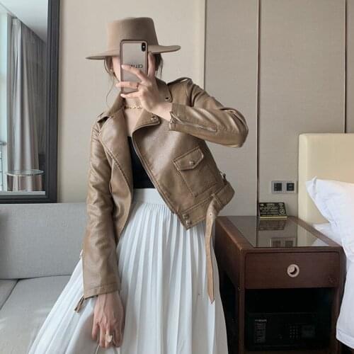 New Spring Women Beige Leather Coat Long Sleeve With Belt Faux Leather Female Punk Outerwear Ladies Casual Moto Biker Jacket