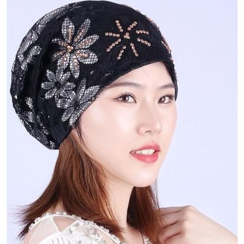 Womens Beanie Lace Turban Soft Sleep Cap Chemo Hats Fashion Slouchy Hat Female Head Wraps Muslim Headscarf Bonnet