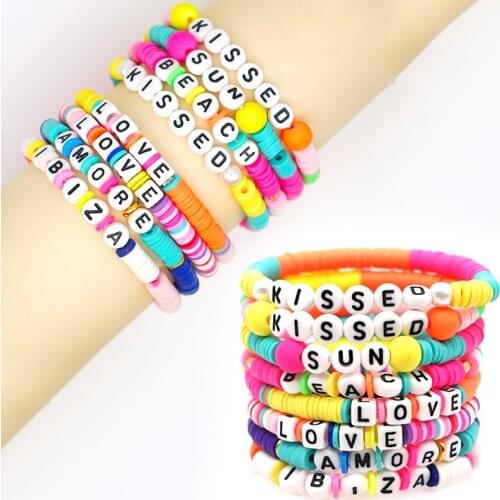 Women Polymer Clay Letter Bracelet Ethnic Handmade Bohemian Multi-Color Beads Bracelet Summer Beach Jewelry Apparel Accessories