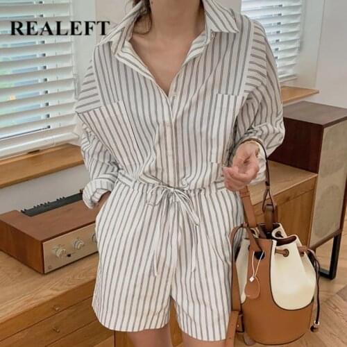REALEFT 2021 New Chic Striped Printed Womens Jumpsuits Lace Up High Waist Double Pockets Female Shirts Rompers Lady Summer