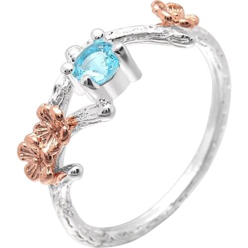 UFOORO Created Rose Gold Flower Decorate Charm Blue Zircon Jewelry White Rings For Women Romantic Party Ring Jewelry Gift